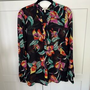 Joie Floral Long Sleeve Button Up Blouse Sheer Silk Black Red